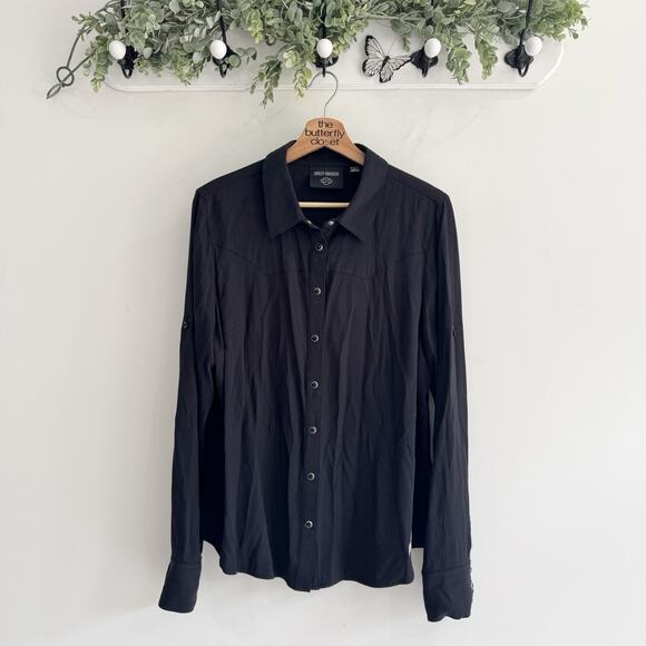 Women’s Harley Davidson Rose Embroidered Rayon Snap Down Blouse Black Large TS - Picture 1 of 4